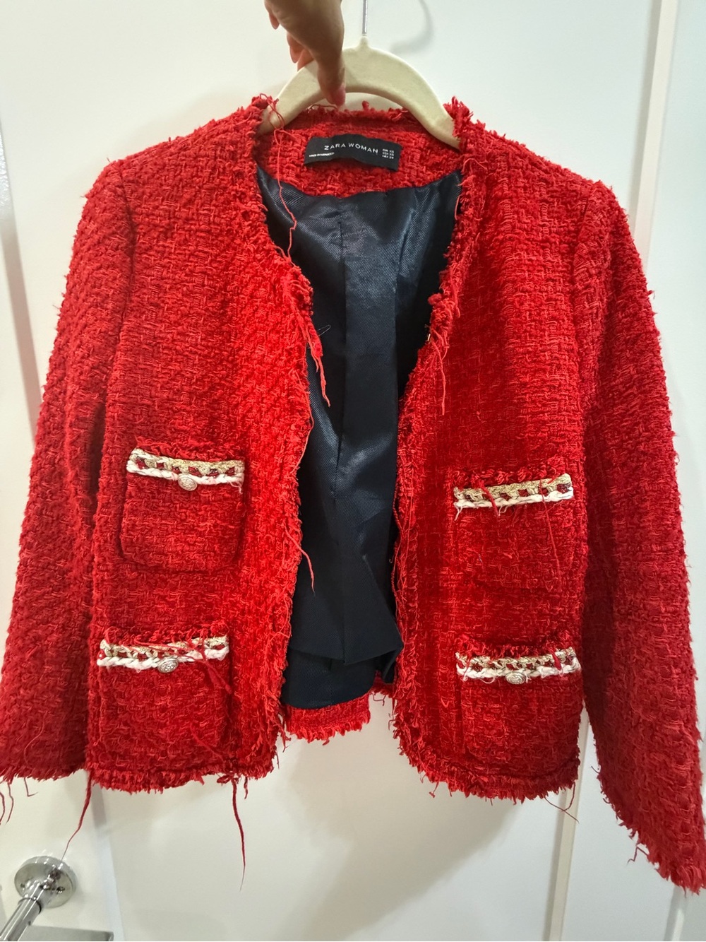 Zara Red Tweed Open-Front Frayed Jacket